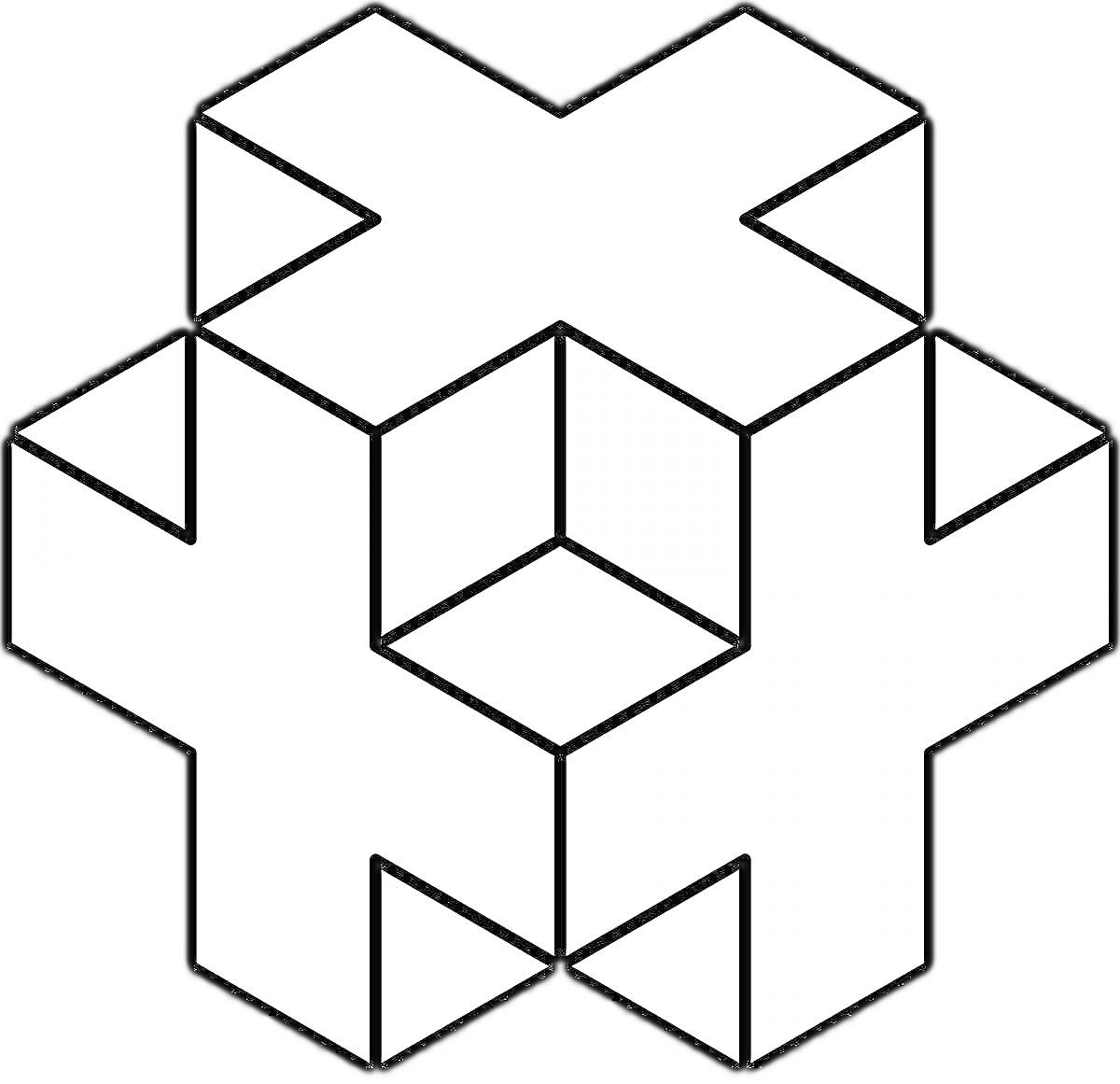 Раскраска Головоломка из соединённых кубов и квадратов на чёрном фоне