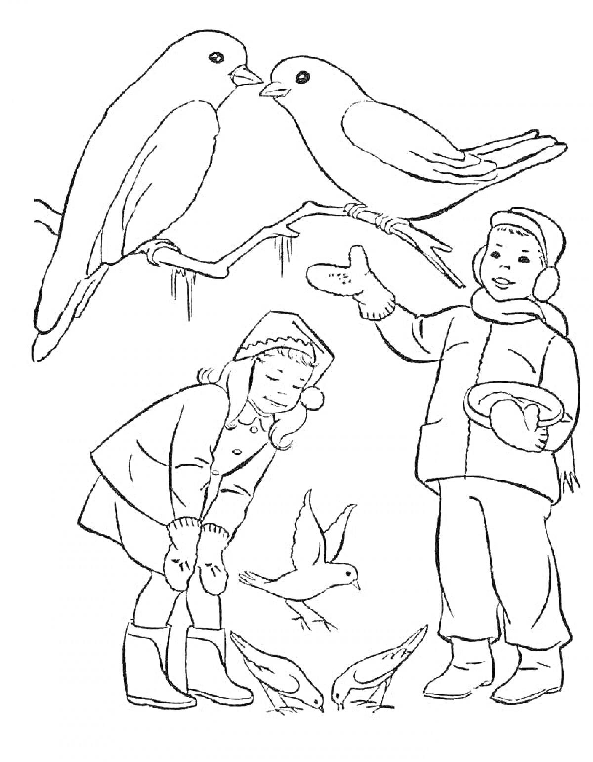 Раскраска Дети кормят птиц зимой. Два ребёнка в зимней одежде, один держит миску, два крупных сидящих на ветках и три маленькие птицы.