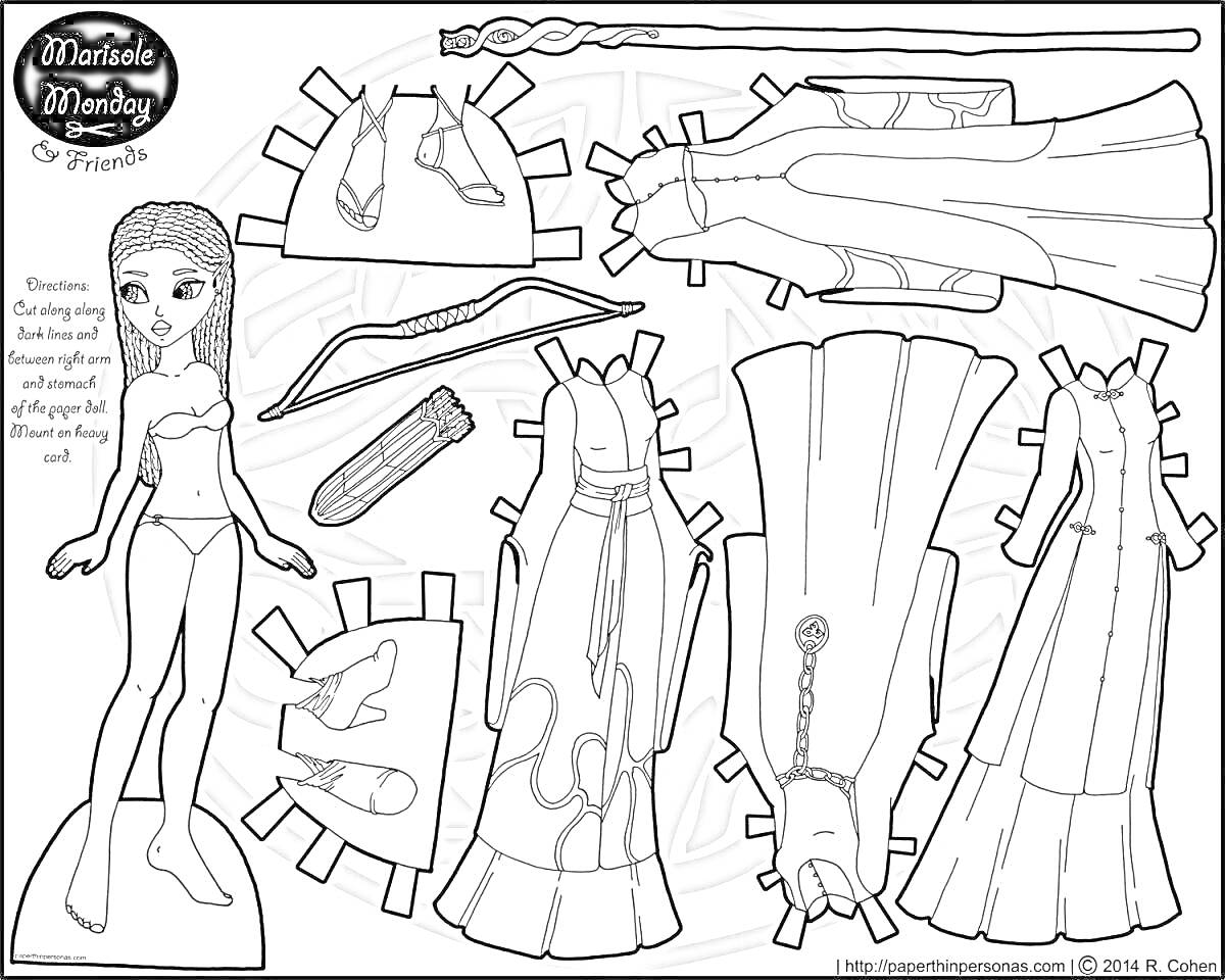 На раскраске изображено: Одевалки, Одежда, Корсет, Обувь, Пояс, Повязка, Длинные волосы