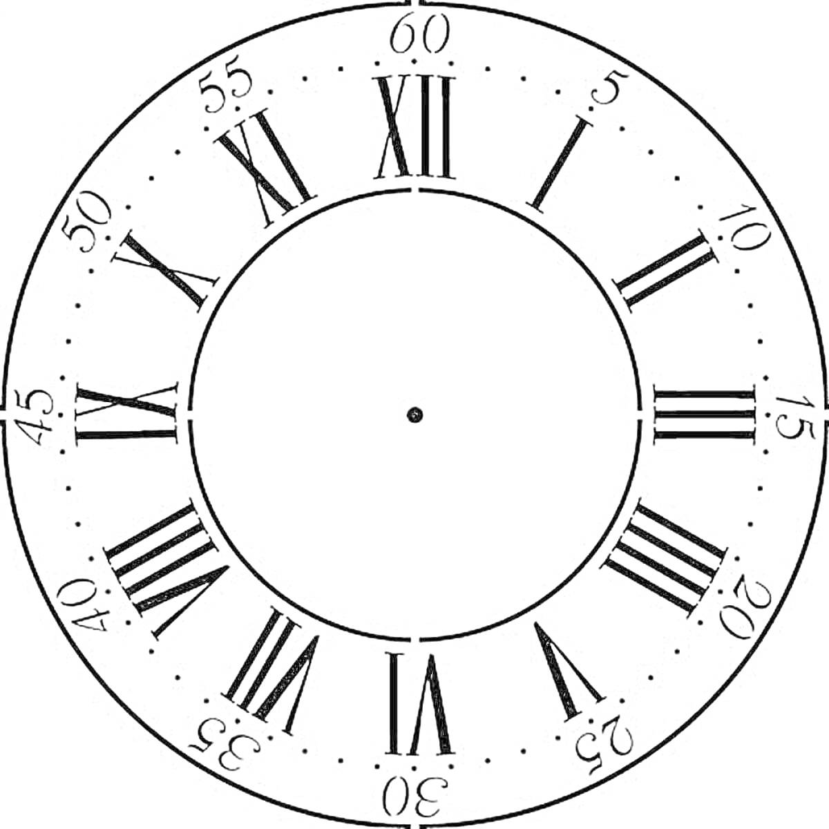 Раскраска циферблат с римскими цифрами от I до XII, минуты в округе с шагом 5
