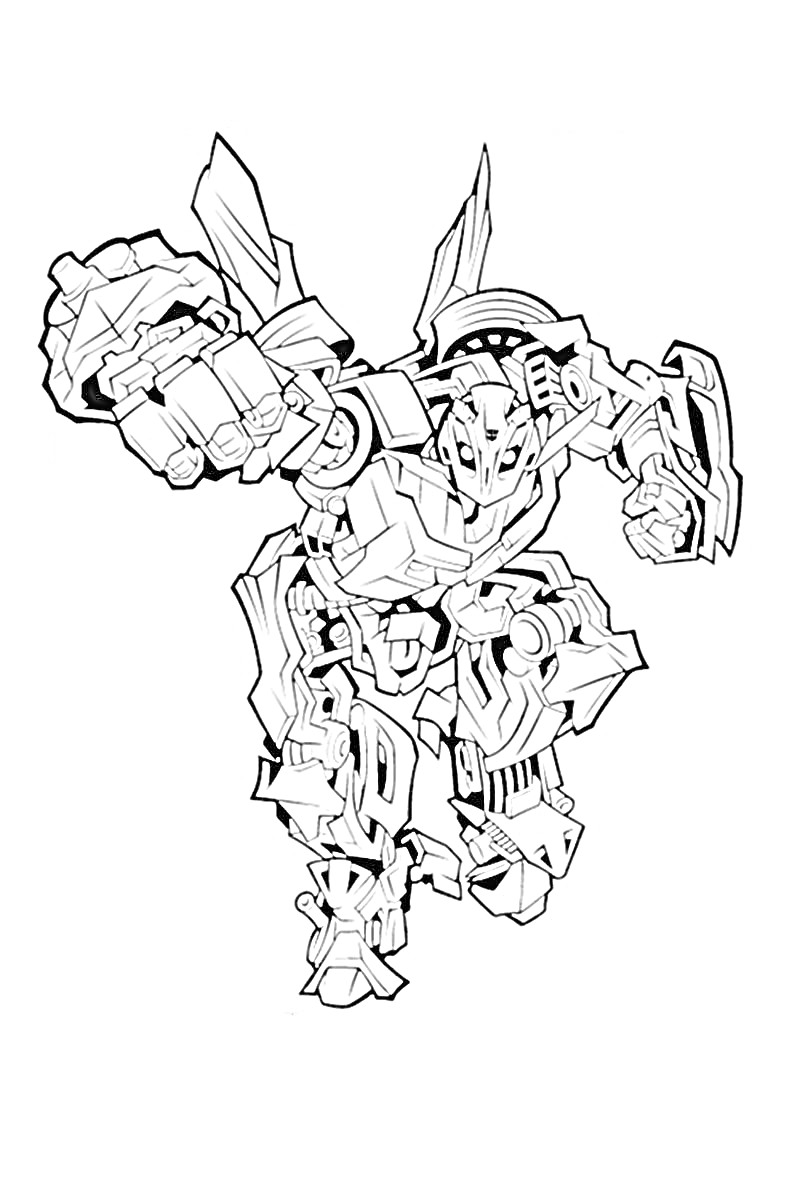 Раскраска Бамблби в боевой стойке с поднятым кулаком, детали робота