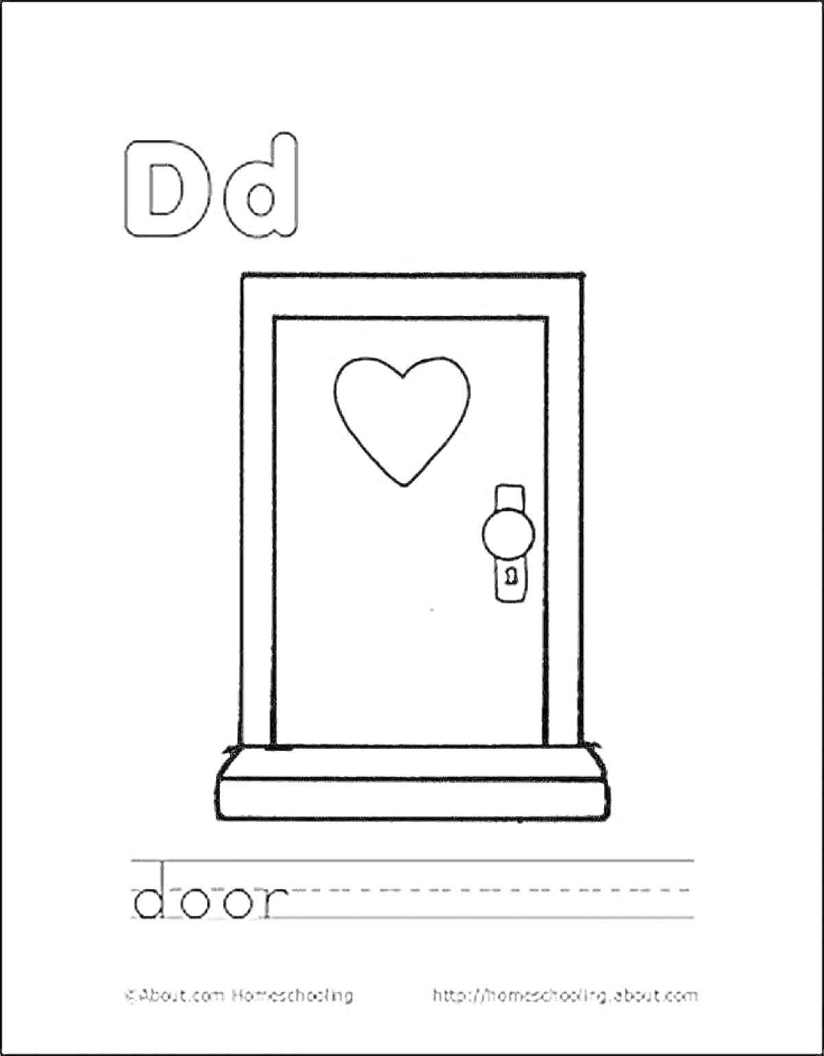 Раскраска Дверь с сердцем, буква Dd и слово 