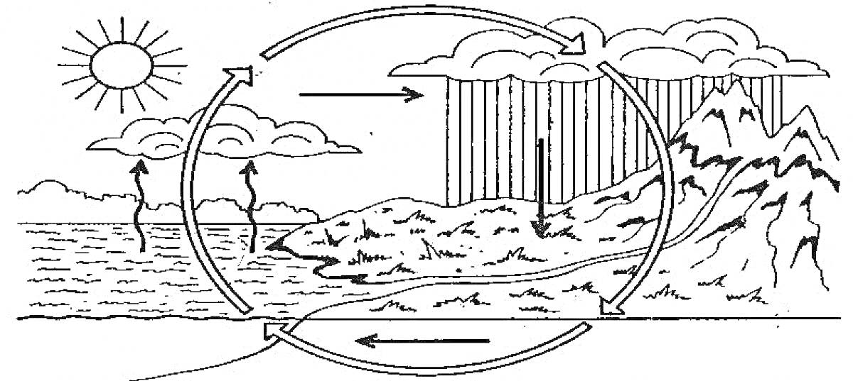 Раскраска схема круговорота воды в природе: солнце, облака, гора, дождь, озеро, река, стрелки направления водного потока