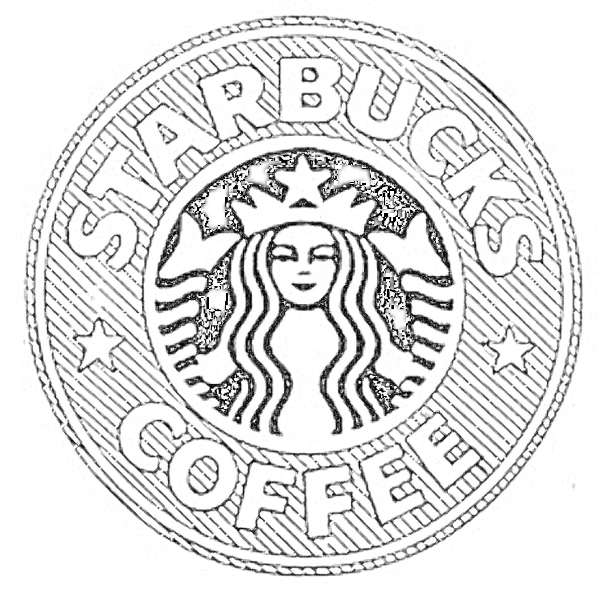 На раскраске изображено: Старбакс, Кофе, Русалка, Звезды, Брендинг, Кафе