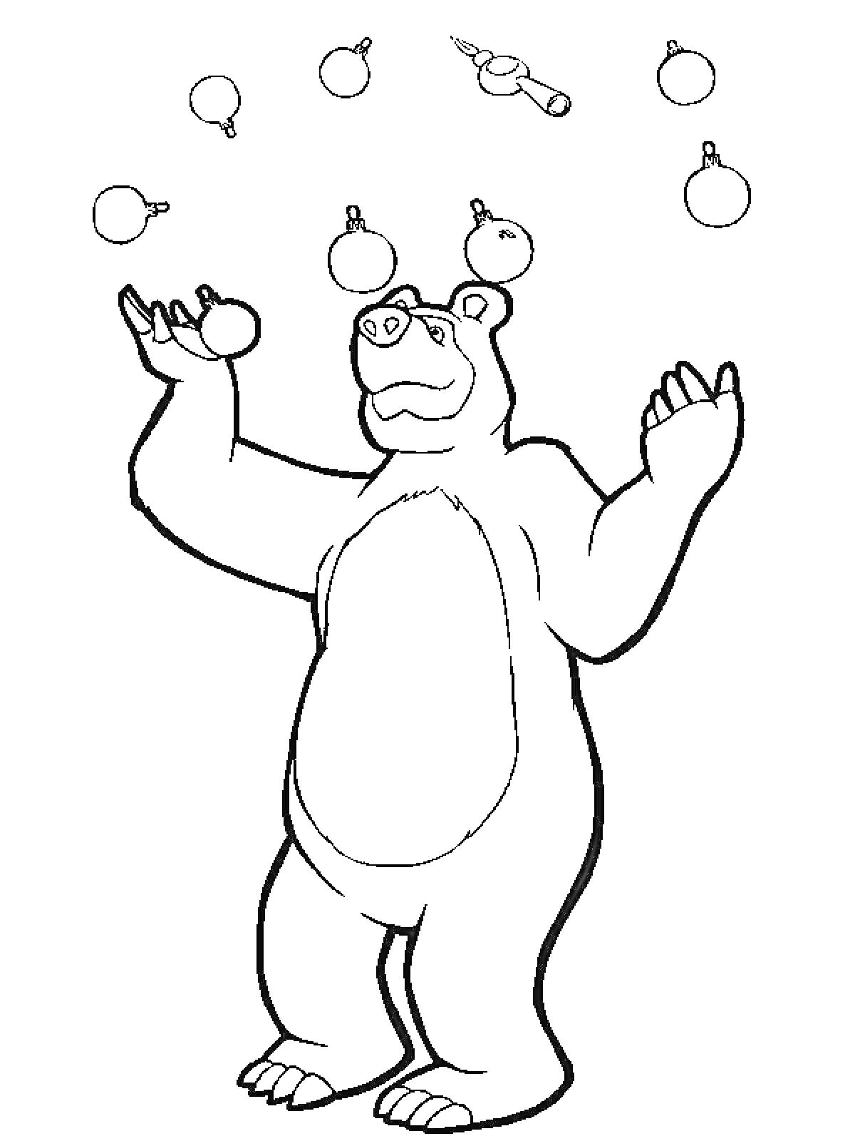 Раскраска Медведь жонглирует игрушечными ёлочными шарами и дудочкой