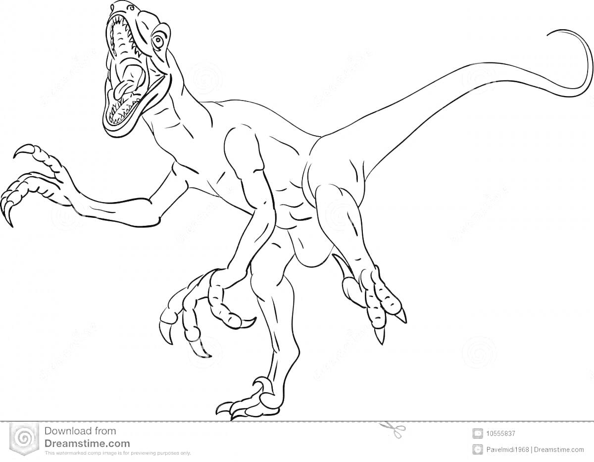 Раскраска Велоцераптор из мира юрского периода с разинутой пастью и поднятыми лапами
