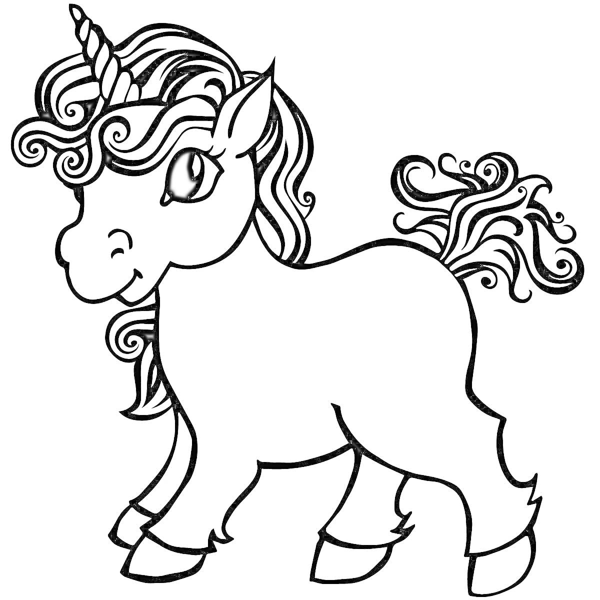 Раскраска Единорог с волнистыми волосами и пушистым хвостом