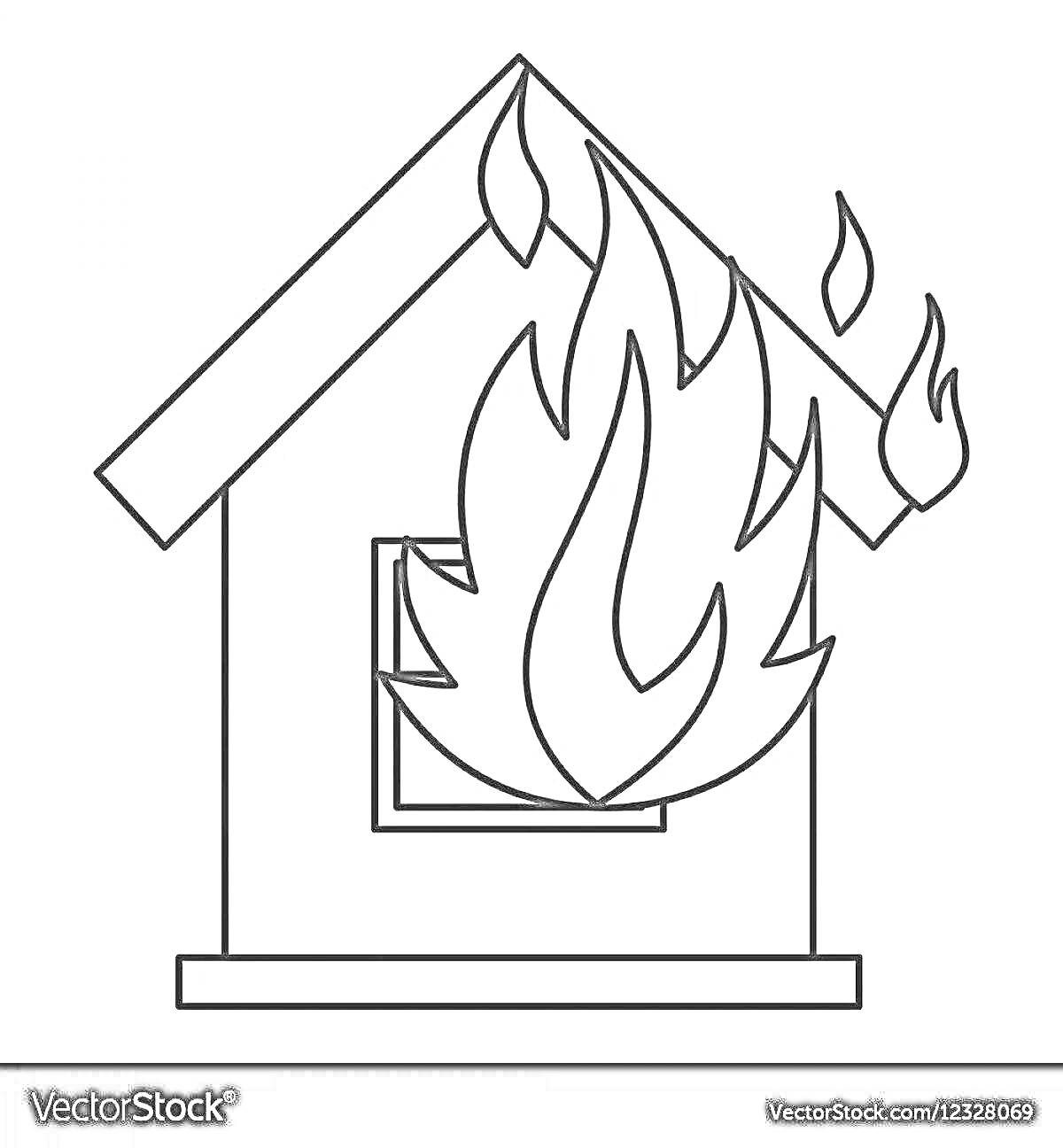 На раскраске изображено: Дом, Огонь, Пожар, Пламя, Крыша, Пожарная безопасность
