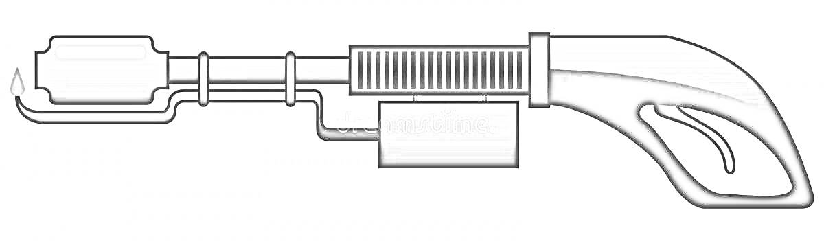 Огнемет с держателем, трубкой, баком и спусковым рычагом - черно-белая раскраска