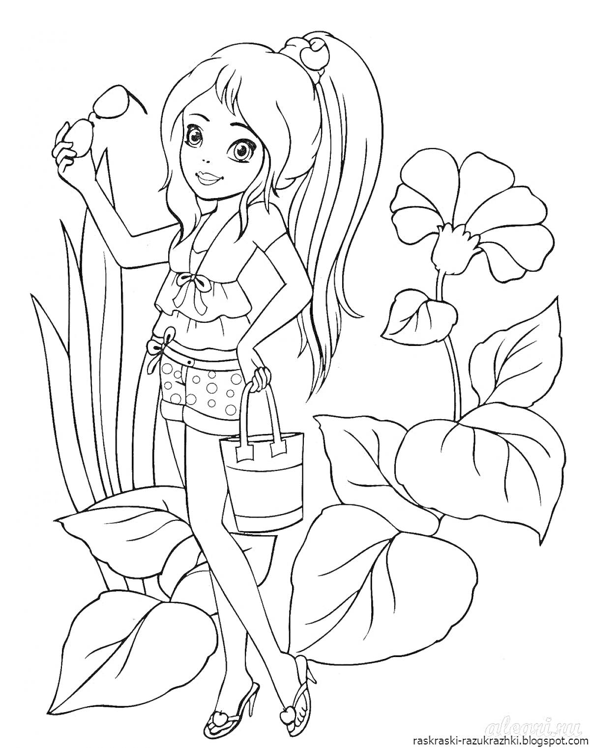 Раскраска Девочка с длинными волосами, цветок, большие листья, сумка, солнцезащитные очки, футболка, шорты, сандали