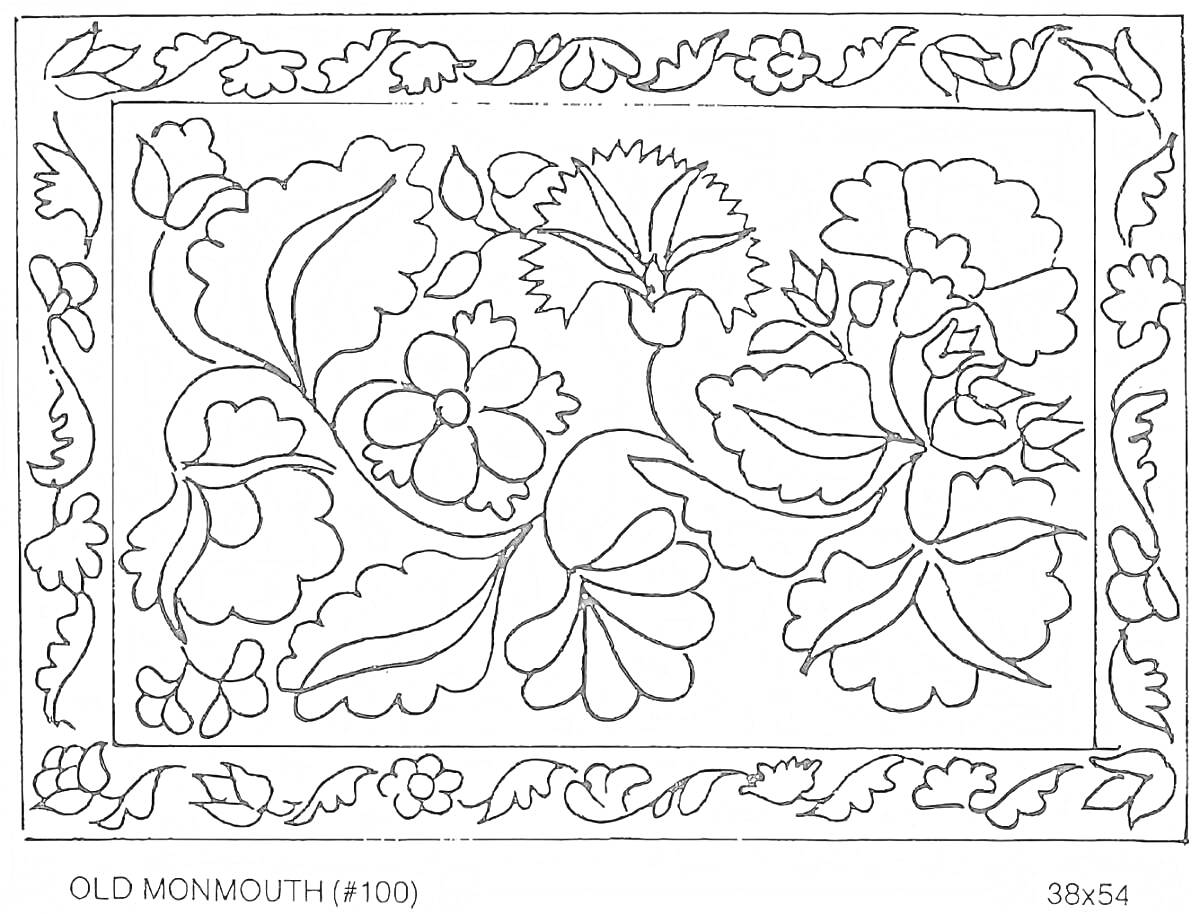 На раскраске изображено: Ковер, Цветы, Листья, Кайма, Флора, Растительный орнамент