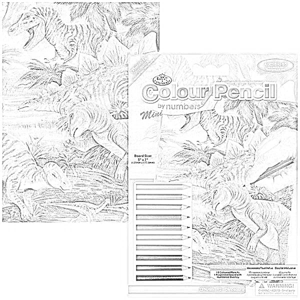 Раскраска Раскраска по номерам карандашами. На изображении присутствуют динозавры в лесу у водоема.