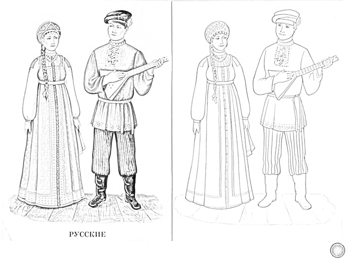 Русские, мужчина и женщина в традиционной русской одежде, мужчина с музыкальным инструментом