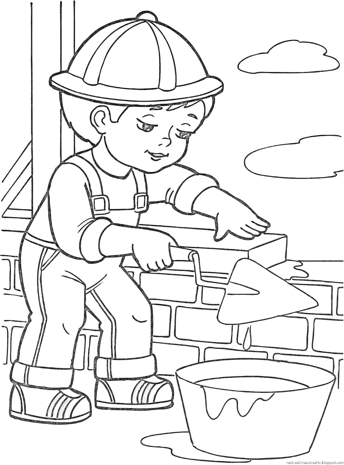 Раскраска Мальчик-строитель укладывает кирпичи, держа шпатель и находясь рядом с ведром