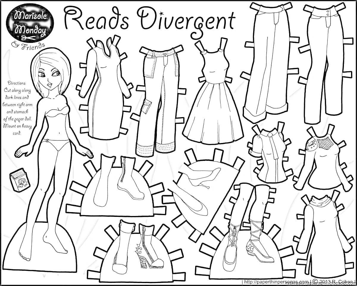 На раскраске изображено: Одевалки, Девочка, Топы, Штаны, Обувь, Книга, Платье, Бумажная кукла