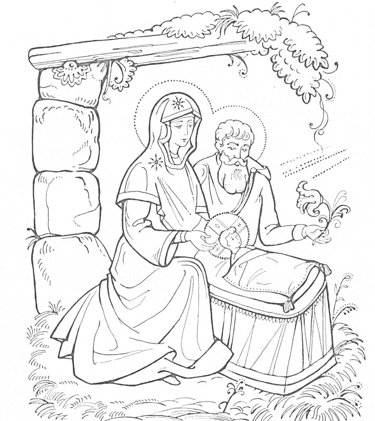 На раскраске изображено: Рождество, Святое семейство, Иисус, Мария, Иосиф, Ясли, Навес, Религия