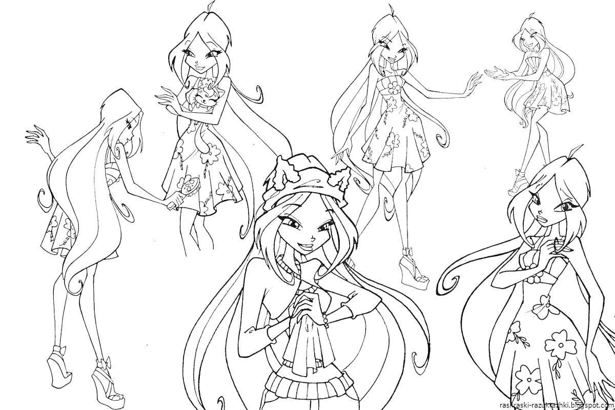Раскраска Девушки с длинными волосами в разной одежде с цветочными элементами и длинными волосами