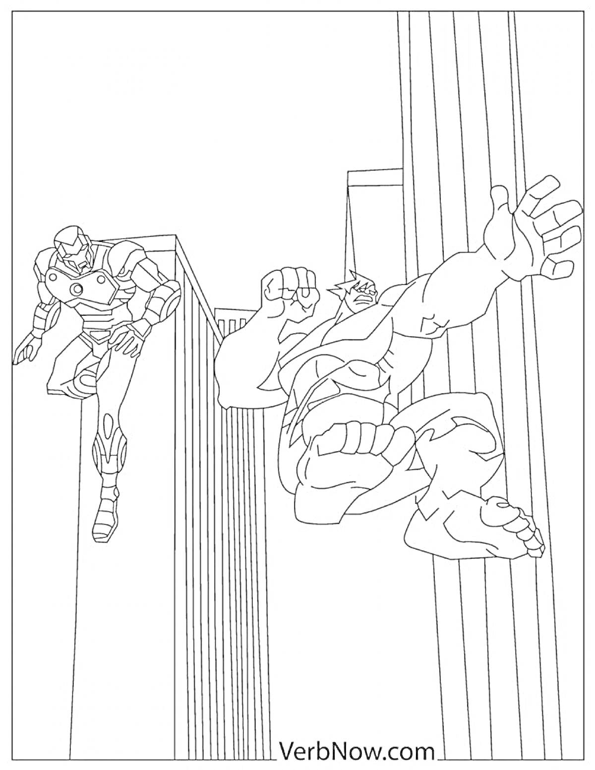 На раскраске изображено: Железный Человек, Халк, Небоскребы, Супергерои, Комиксы, Марвел