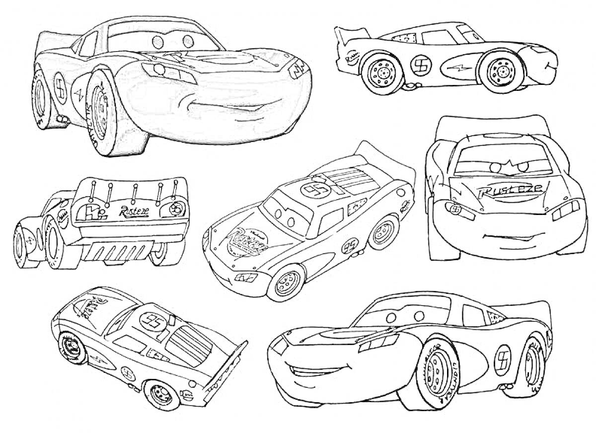 Раскраска Автомобили из мультфильма (гоночные машины, разные позы)