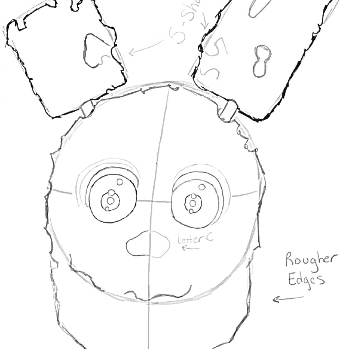 Раскраска Спригтрап, поврежденная маска с ушами, грубые края, обозначения символов и линий