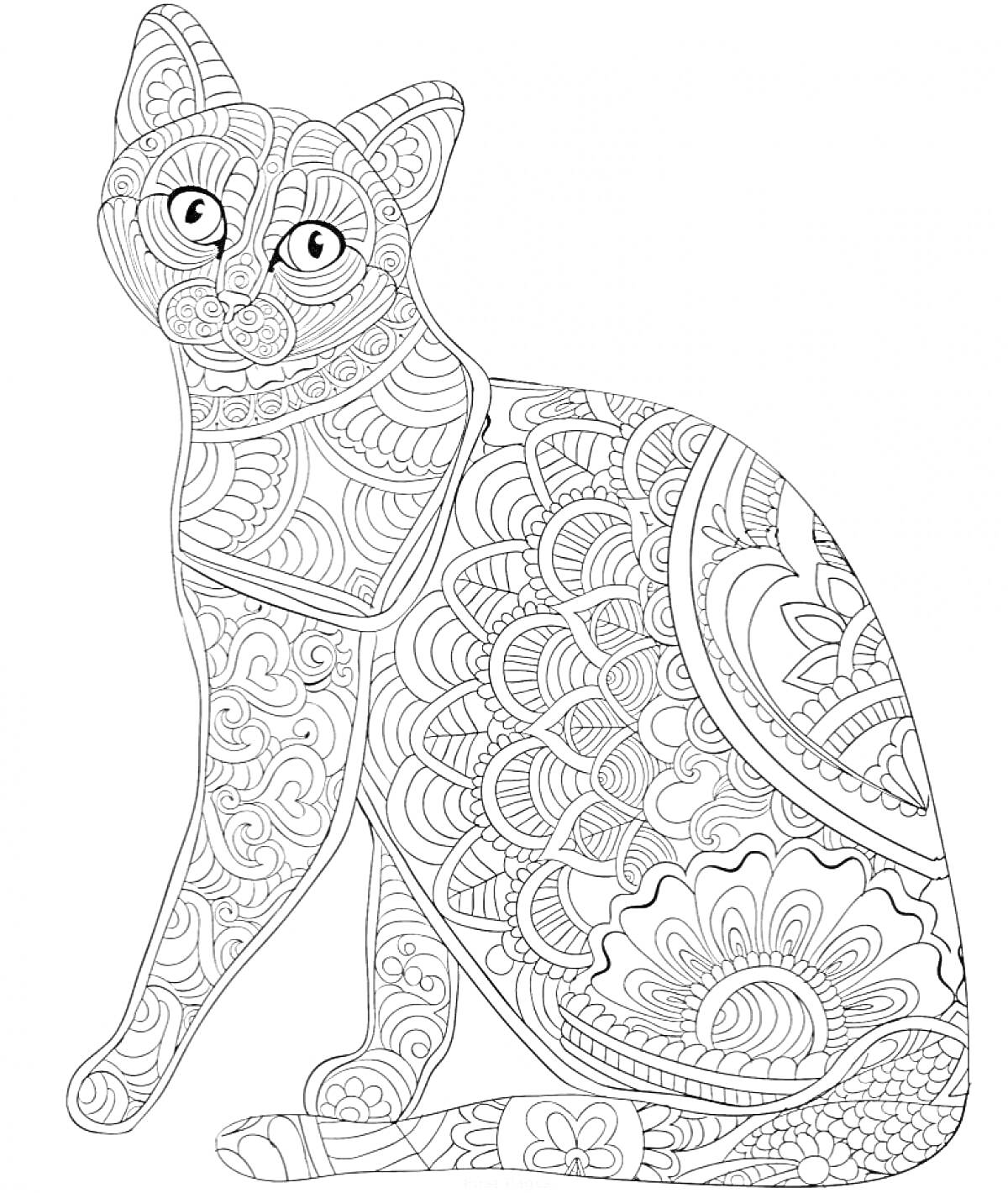 Антистресс раскраска с кошкой, со сложными узорами, включающими завитки, цветочные элементы и геометрические фигуры