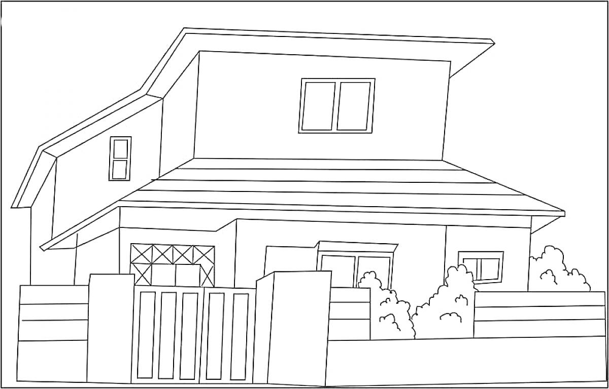 На раскраске изображено: Дом, Крыша, Окна, Забор, Растения, Дверь, Двухэтажный дом, Кусты