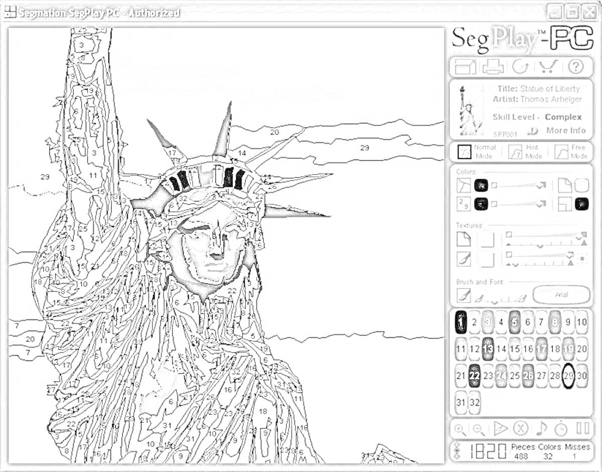 Раскраска Программа раскраски по номерам: Статуя Свободы на SegPlayPC, отображение статуи и палитры цветов с номерами