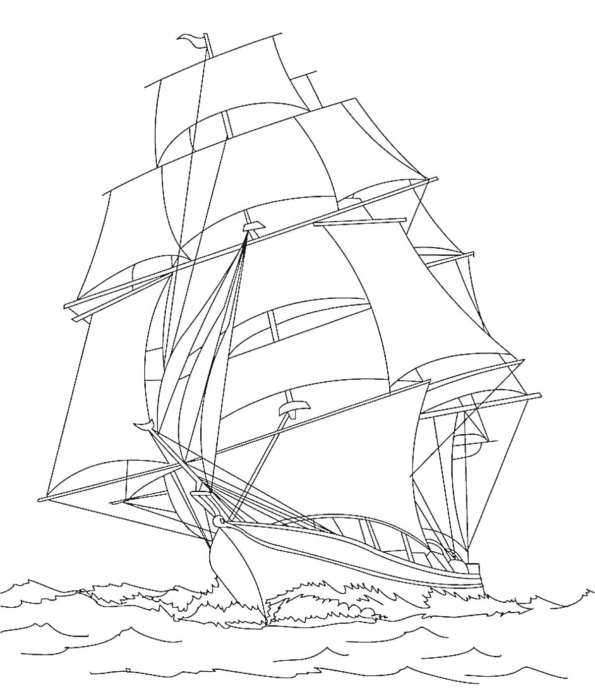 Раскраска Парусник с белыми парусами, плывущий по волнам