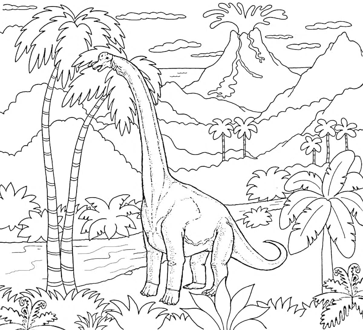 На раскраске изображено: Динозавр, Диплодок, Пальмы, Вулкан, Горы, Пейзаж, Природа, Доисторическая эпоха