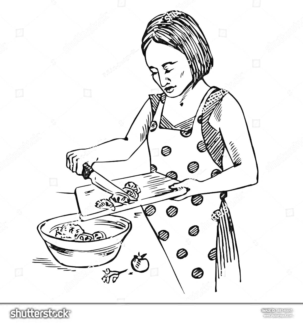 Раскраска Женщина в фартуке с горошком нарезает овощи на разделочной доске и кладёт их в миску. Рядом на столе лежат два маленьких помидора и нож.