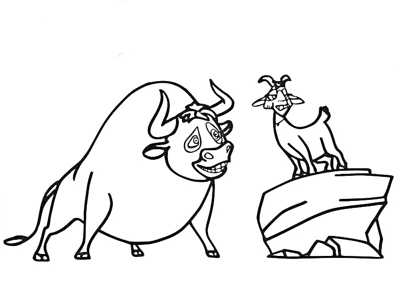 Раскраска Бык и коза на камне