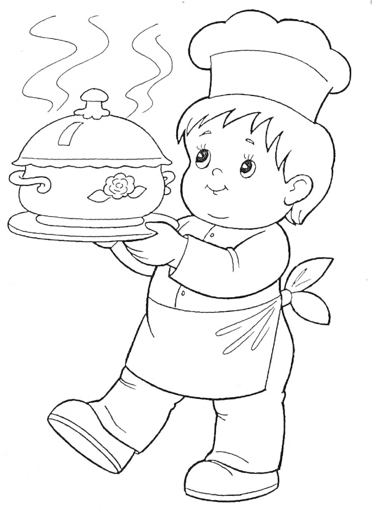 Раскраска Ребенок-повар в поварском колпаке несет горячее блюдо с крышкой