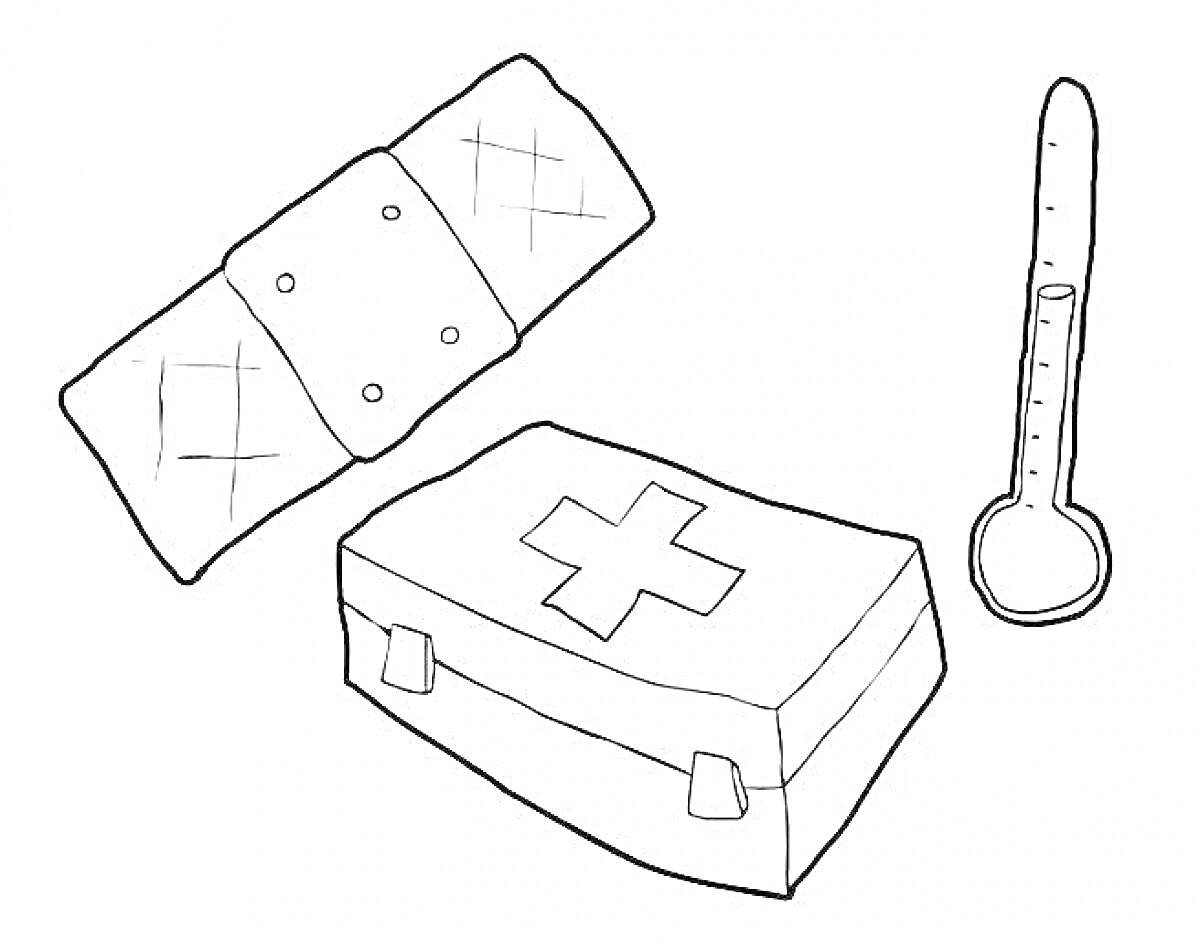 Раскраска Аптечка с термометром и пластырем