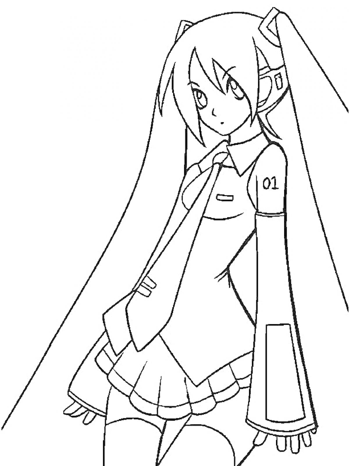 Раскраска аниме девочка с длинными волосами, цифра 01 на плече, воротник с галстуком, юбка и длинные рукава
