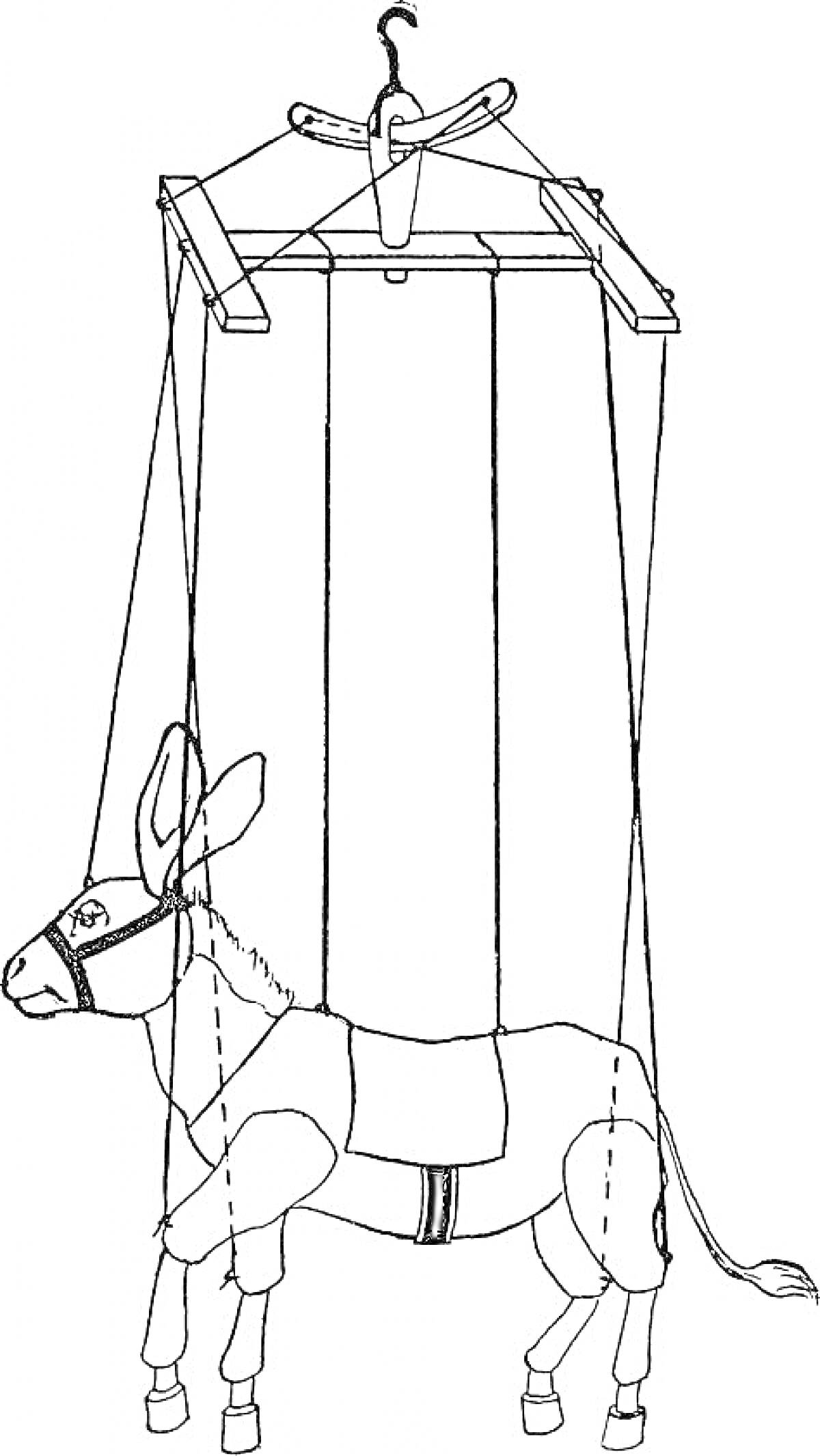 Марионетка-ослик с уздечкой и управляемыми веревками, на управлении находится деревянная перекладина с крючком.