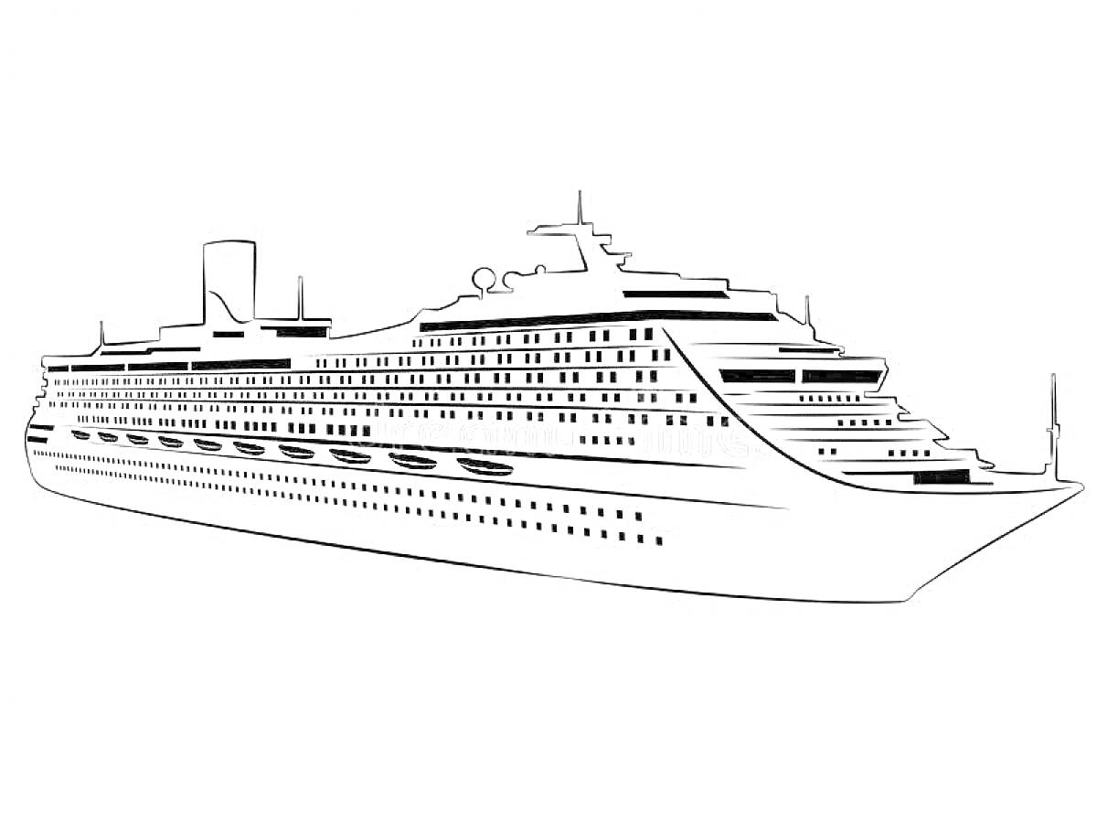 На раскраске изображено: Круизный лайнер, Корабль, Морское судно, Палубы, Иллюминаторы, Круиз, Отдых, Мореплавание