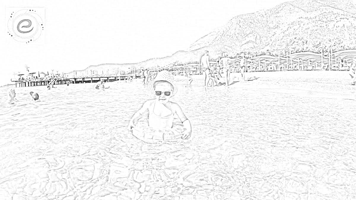 Раскраска На фоне горного пейзажа, ребенок в шляпе и солнцезащитных очках играет в воде с надувным кругом, а позади видны пляж, отдыхающие и пляжные зонтики