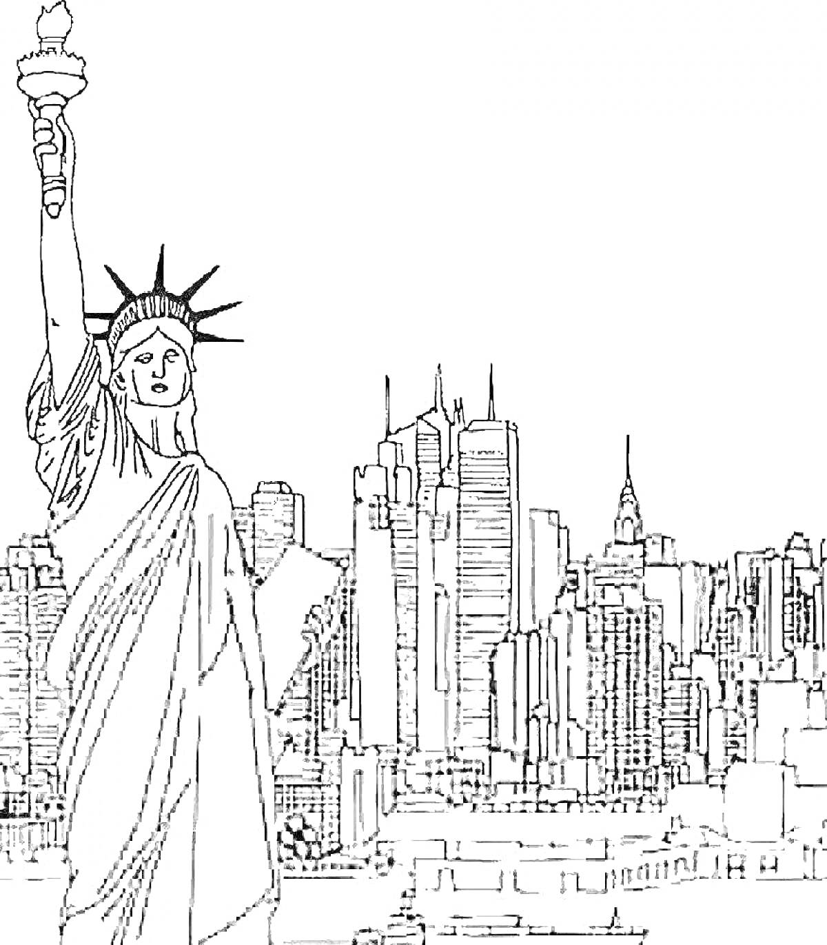На раскраске изображено: Нью-Йорк, Статуя Свободы, Небоскрёбы, Городской пейзаж, США