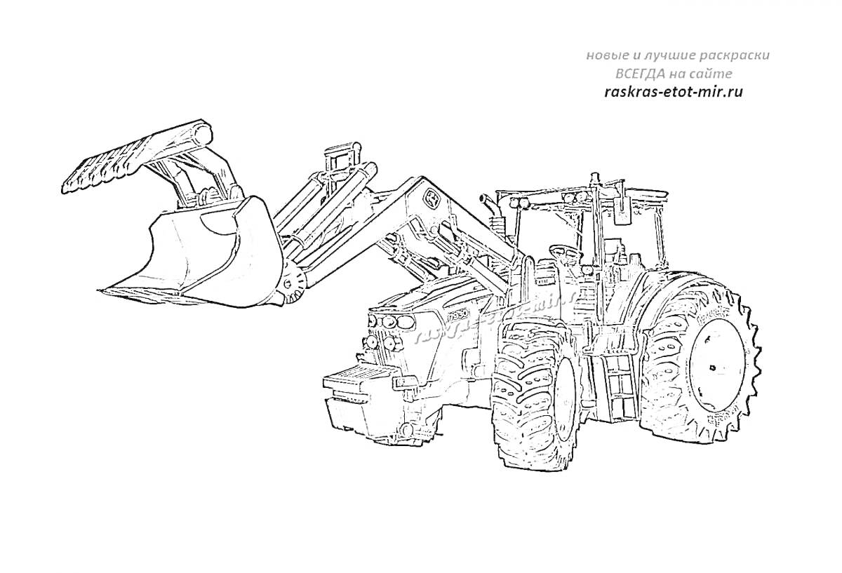 Раскраска Погрузчик трактор с ковшом и большими колесами