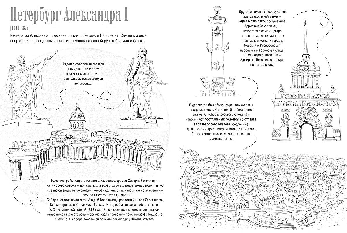 Раскраска Петербург Александра I, Казанский собор, скульптура Александра I, Ростральная колонна, Московские триумфальные ворота, карта Санкт-Петербурга