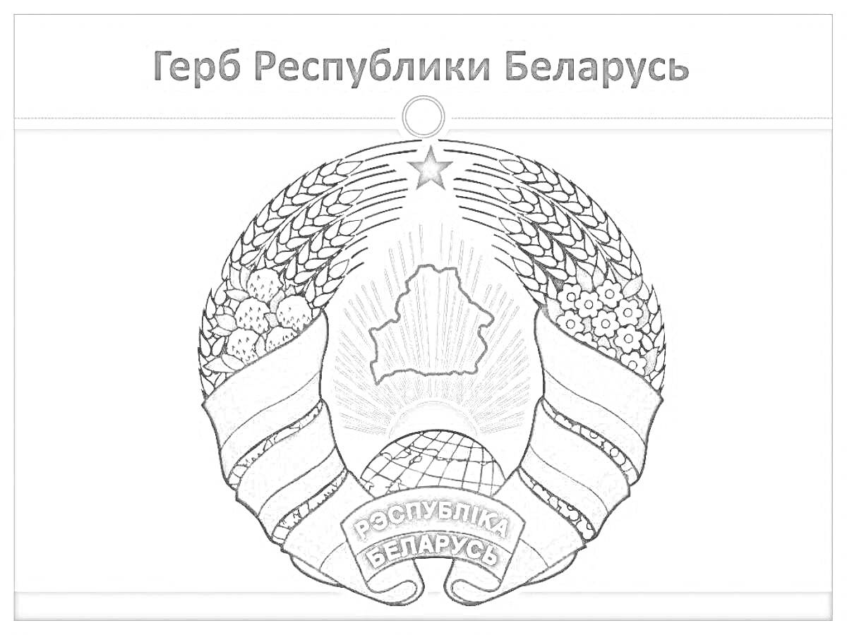 Раскраска Герб Республики Беларусь. В центре изображена карта Беларуси, окруженная пшеничными колосьями и цветами, сверху звезда и лучи, снизу лента с надписью 