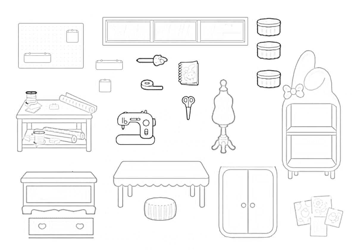 Раскраска Мебель Тока Бока для бумажного домика: набор из швейной машинки, журнального столика, шкафа с бантом, кресла-манекена, пуфиков, окон, щеток, ножниц и картинок.