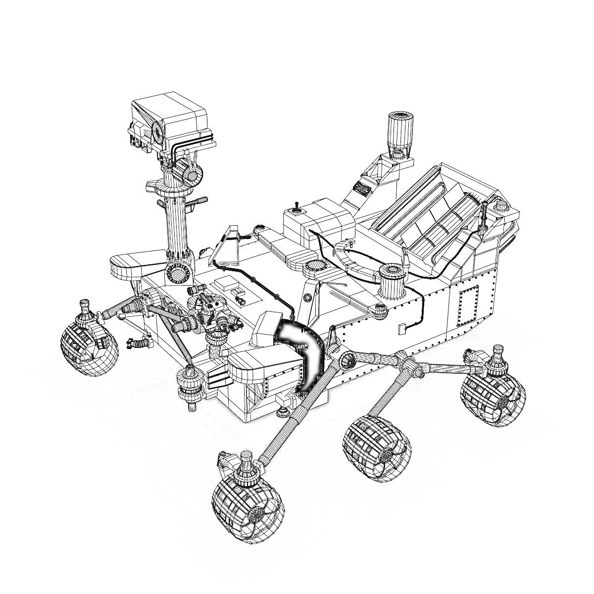 На раскраске изображено: Марсоход, Солнечные панели, Камера, Шесть колес, Космос, Техника, Научное оборудование, Робот, Поверхность планеты, Визуализация