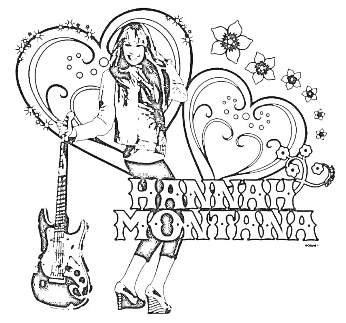 Раскраска Ханна Монтана с гитарой, сердцами и цветами