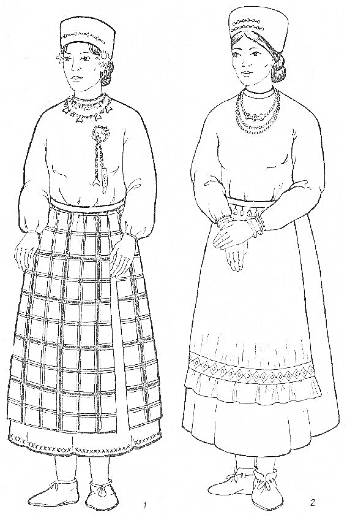 На раскраске изображено: Удмуртский костюм, Национальная одежда, Женская одежда, Обувь, Этнический стиль