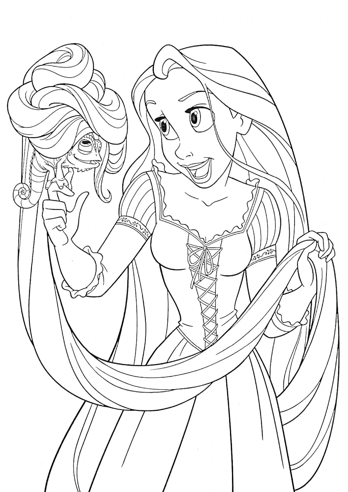 Раскраска Рапунцель с длинными волосами и хамелеоном на плече