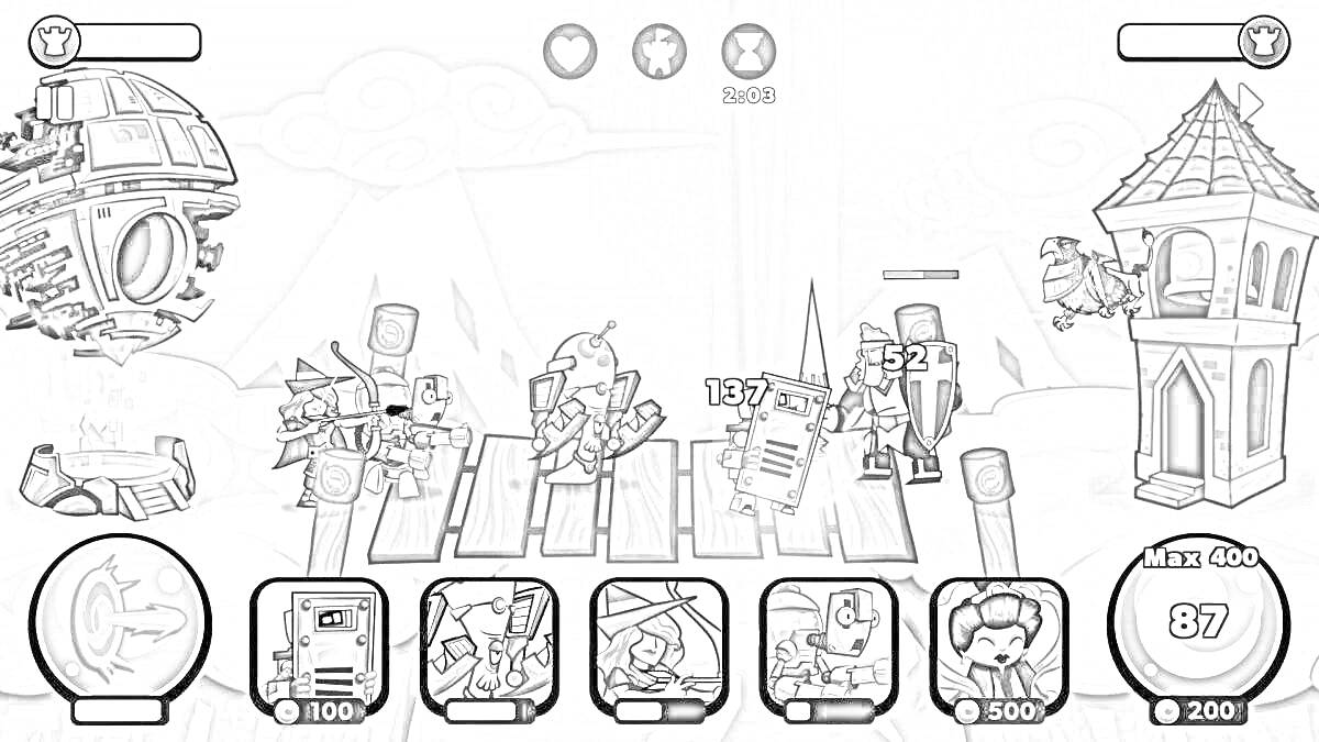 РаскраскаБитва у башни на мосту с военными роботами и героями