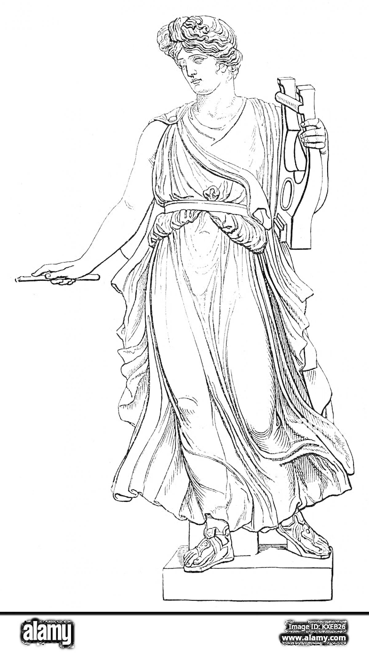 На раскраске изображено: Афродита, Статуя, Лира, Античная одежда, Пьедестал, Сандалии