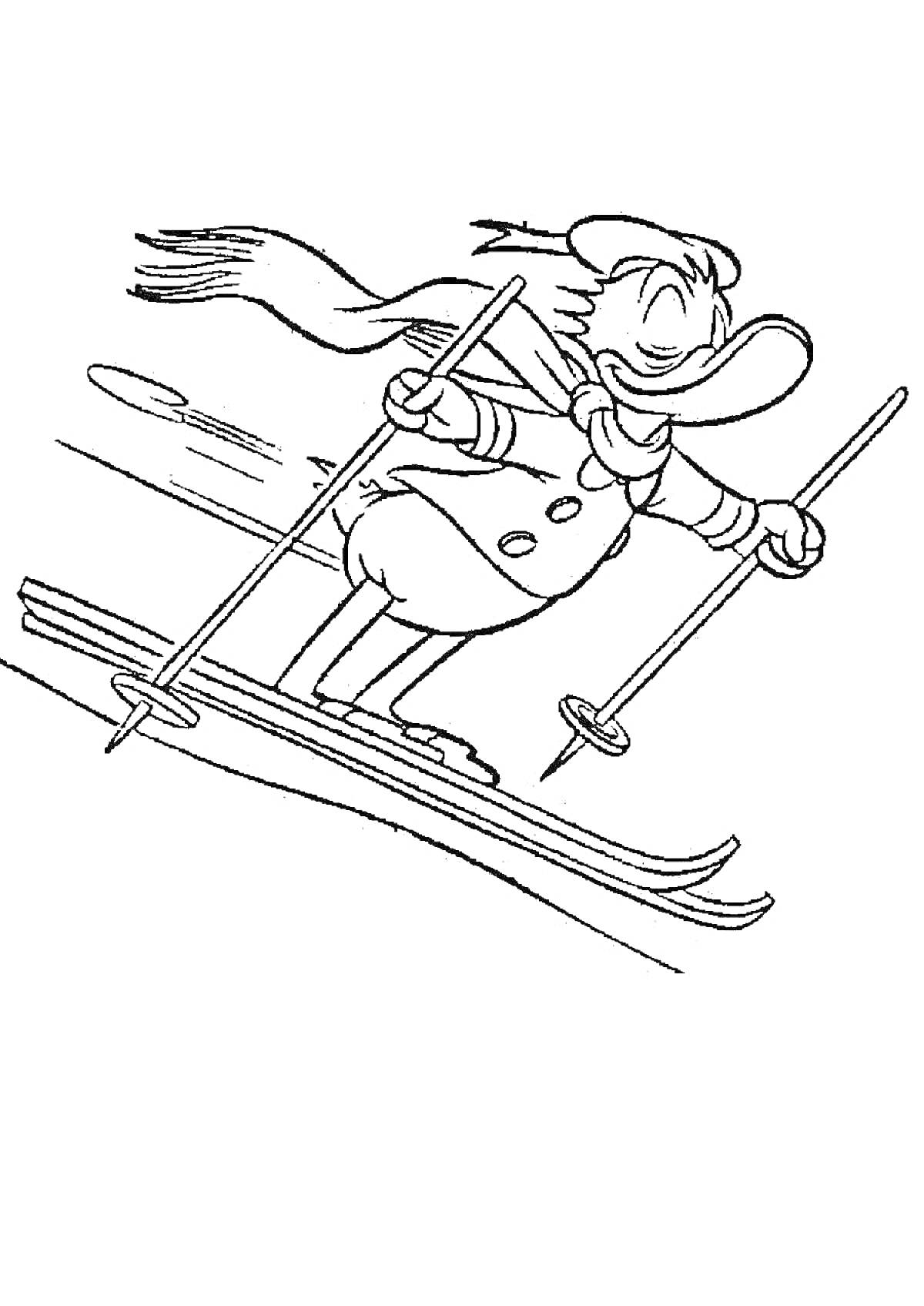 Утка на лыжах с палками, наряженная в шарф и длинную куртку