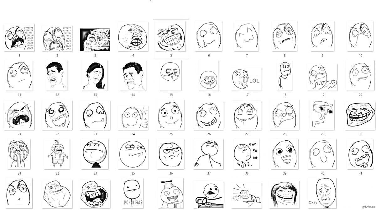 Раскраска Коллекция мемов: крупные глаза, вздернутые брови, улыбающиеся лица, умиленные лица, удивленные лица, сердитые лица, девушки с длинными волосами, мужчины с короткими волосами, персонажи с открытыми ртами, различные эмоции